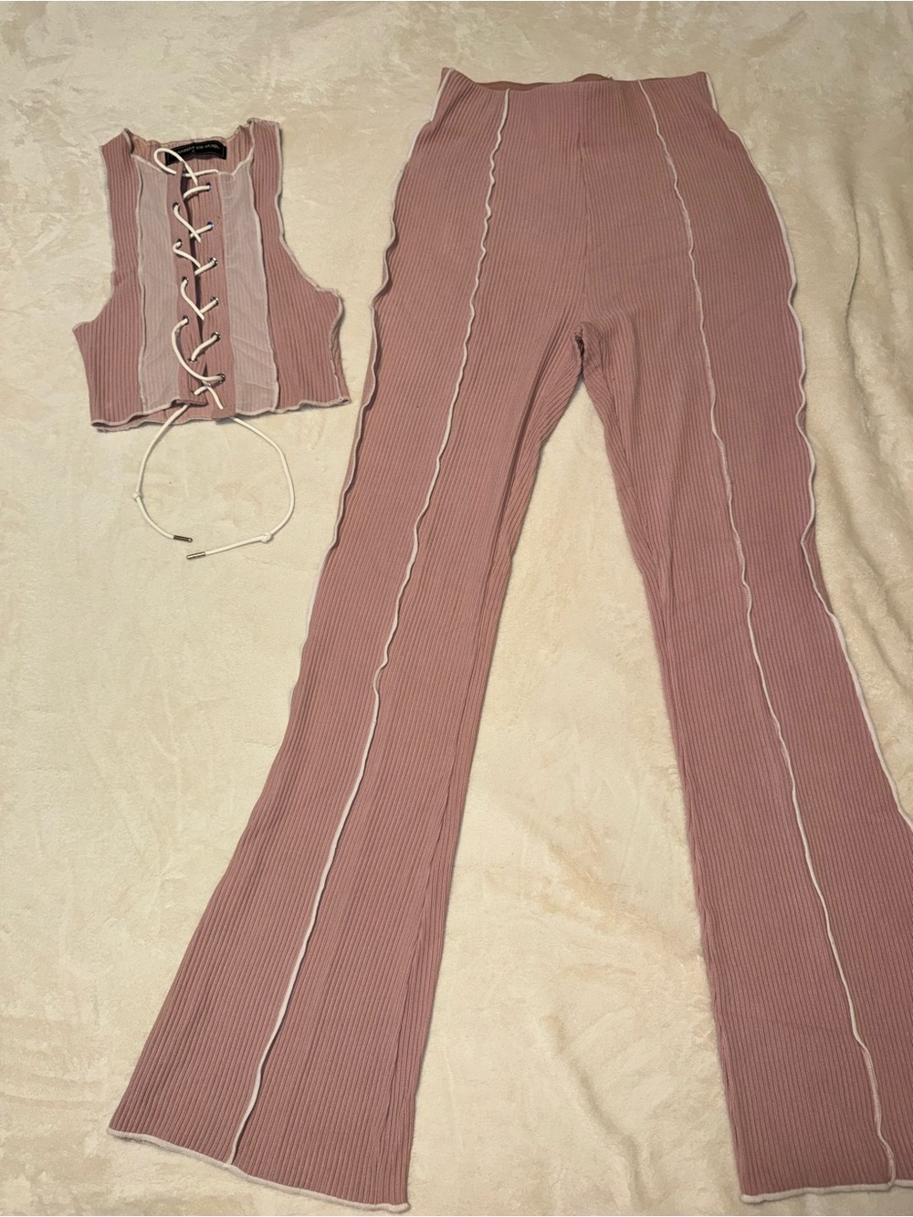 Maniere De Voir Ribbed Flare Pants & Matching Top in Dusty Rose